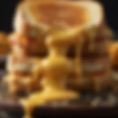 A close-up of melted cheese oozing from a grilled cheese sandwich