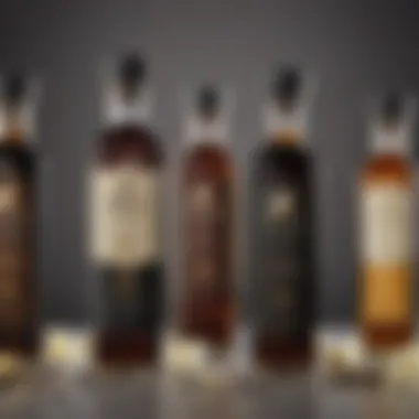 An elegant display of various bottles of pure vanilla extract arranged aesthetically