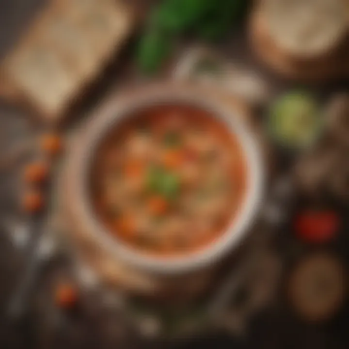 A portion of minestrone soup served with a side of whole grain bread.