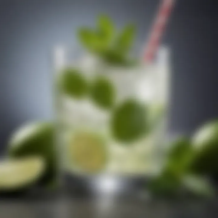 Close-up of a mojito cocktail showcasing mint and lime