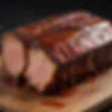 A beautifully glazed BBQ pork rib rack with rich, caramelized sauce
