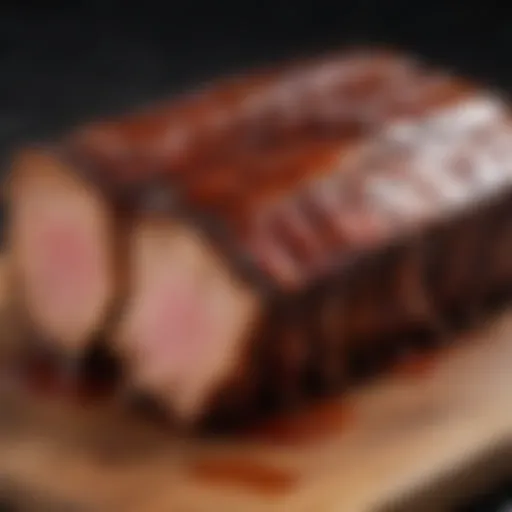 A beautifully glazed BBQ pork rib rack with rich, caramelized sauce