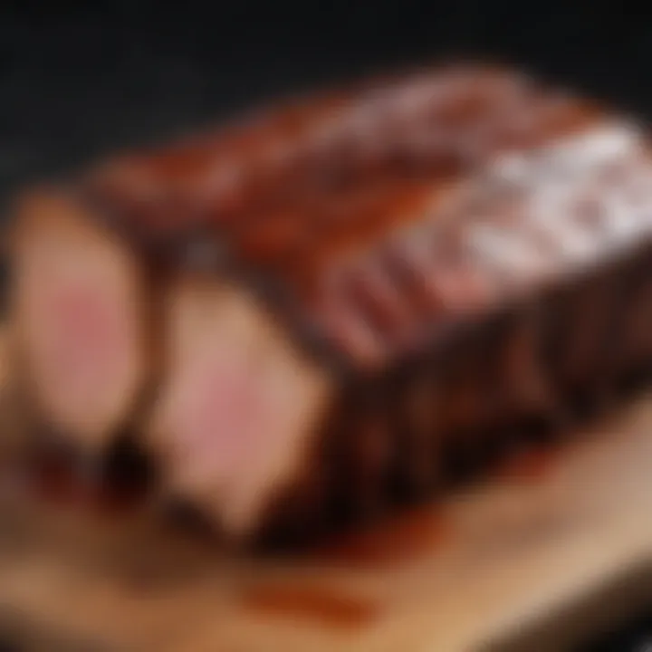 A beautifully glazed BBQ pork rib rack with rich, caramelized sauce