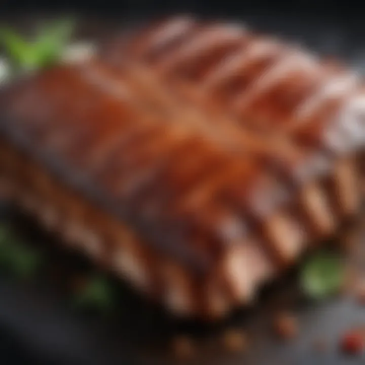 A close-up of tender, succulent pork ribs showcasing perfect texture