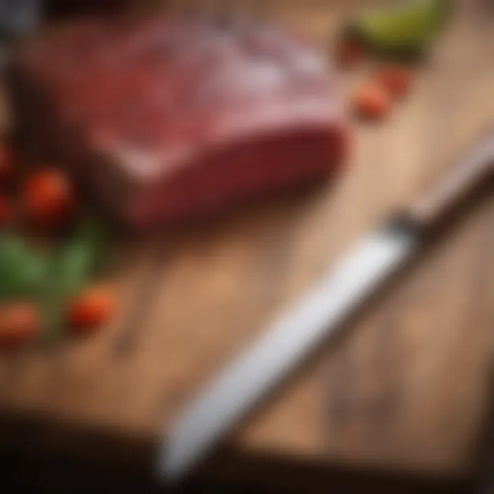 Close-up of a high-quality beef cutting knife on a wooden surface