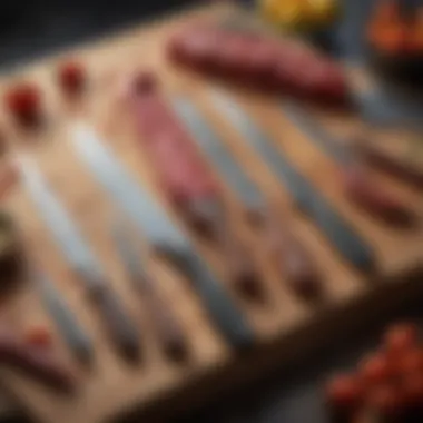 Variety of beef cutting knives displayed on a kitchen countertop