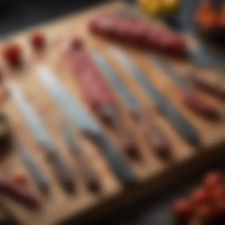 Variety of beef cutting knives displayed on a kitchen countertop