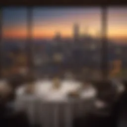 Elegant dining setup with city skyline view