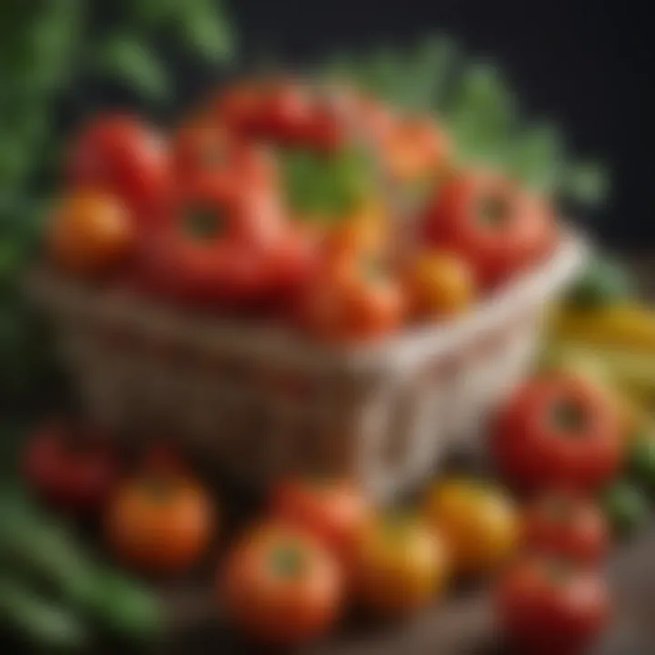 Colorful assortment of tomatoes alongside other vegetables in a basket