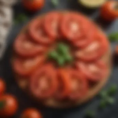 Tomato slices arranged on a cutting board highlighting their juiciness