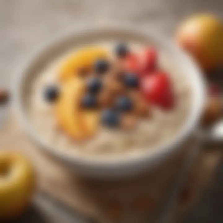 A warm bowl of oatmeal topped with fruits and nuts, made with casein-free milk.