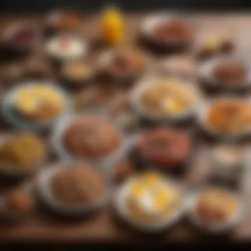 Assorted high protein breakfast options on a wooden table