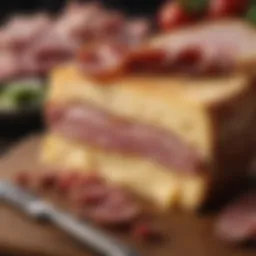 A close-up of a cheese and meat dish showcasing the intricate layering of flavors.