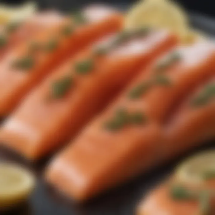Close-up of lox salmon with a smoky texture
