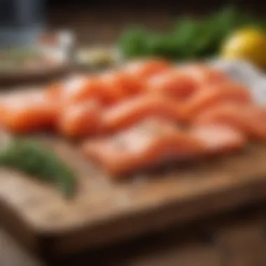 Essential Ingredients for Curing Lox Ingredients used for curing lox salmon displayed on a wooden board