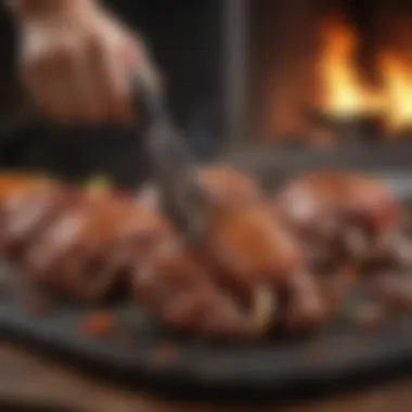 Metal meat claws in action during a culinary task involving pulled meat.