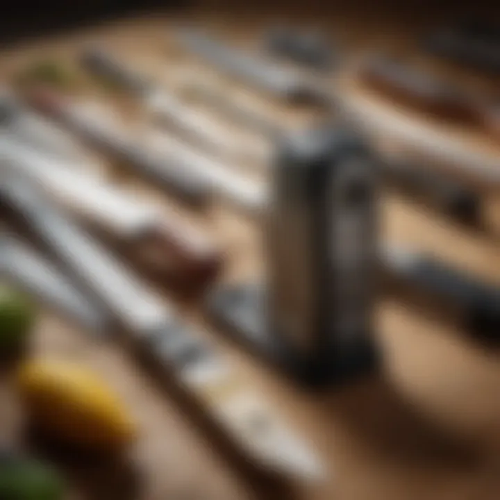 An array of various types of knife sharpeners displayed elegantly on a wooden surface.