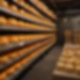 Aging cheddar cheese wheels in a natural cellar environment