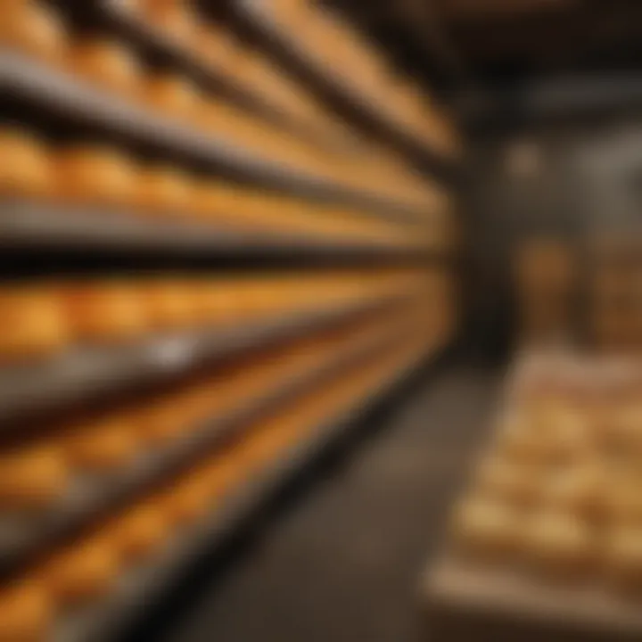 Aging cheddar cheese wheels in a natural cellar environment