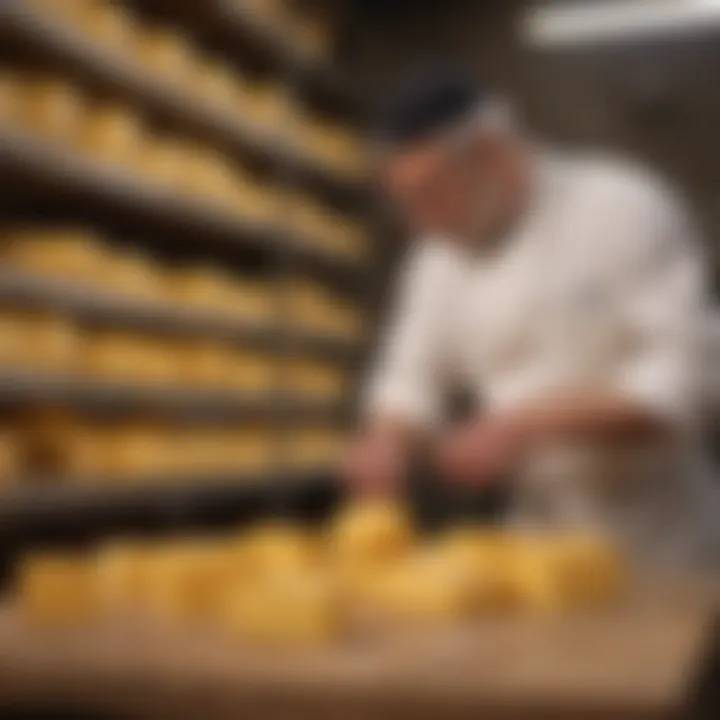 Artisan cheesemakers examining cheddar during the aging phase