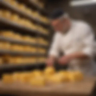 Artisan Techniques in Cheddar Aging Artisan cheesemakers examining cheddar during the aging phase