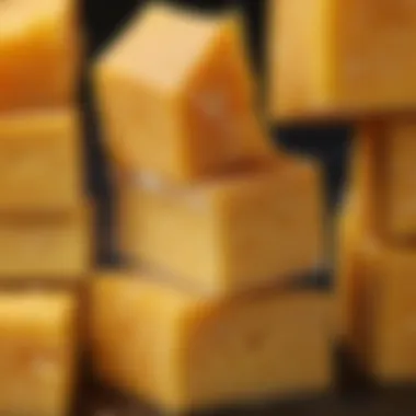 Cheddar cheese with visible crystalline structures indicating aging