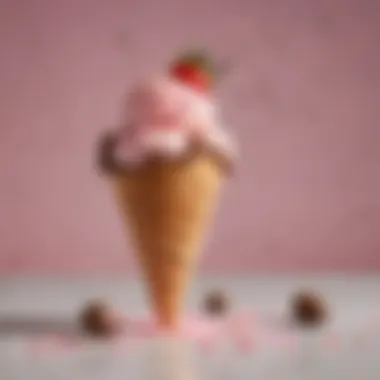 A creative dessert featuring a strawberry ice cream cone topped with Hershey Kisses