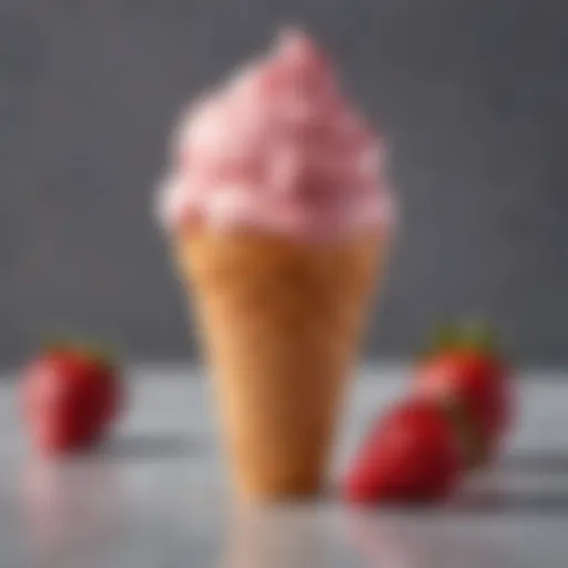 A vibrant strawberry ice cream cone with a smooth texture melting slightly under the sun