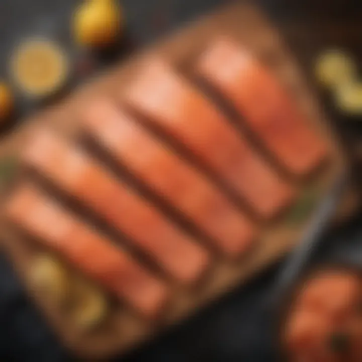 Different types of salmon displayed on a wooden cutting board