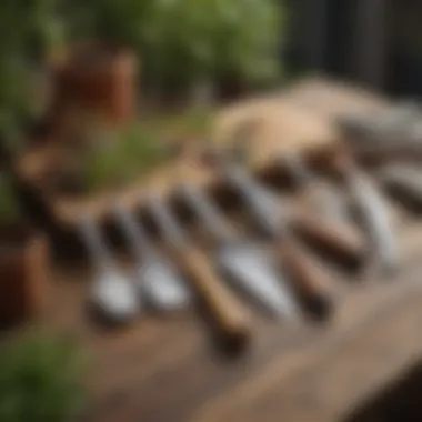 Elegant Garden Tool Set A beautifully crafted garden tool set displayed elegantly on a wooden table