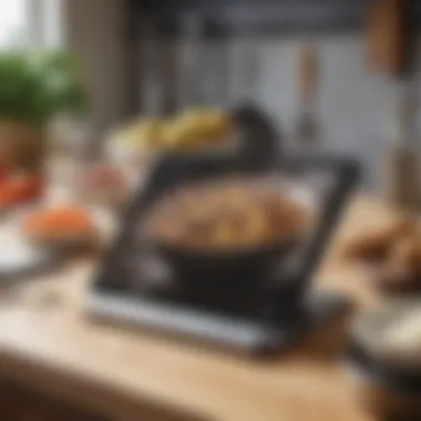 Stylish iPad stand with various cooking utensils in the background