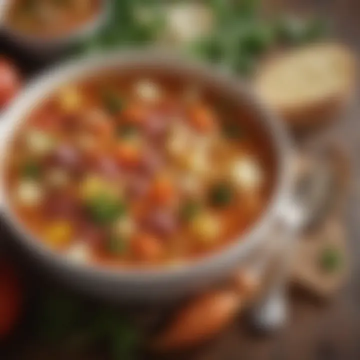 A close-up of a hearty vegetable soup with colorful ingredients.