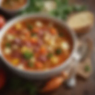 Hearty Vegetable Soup Close-Up A close-up of a hearty vegetable soup with colorful ingredients.