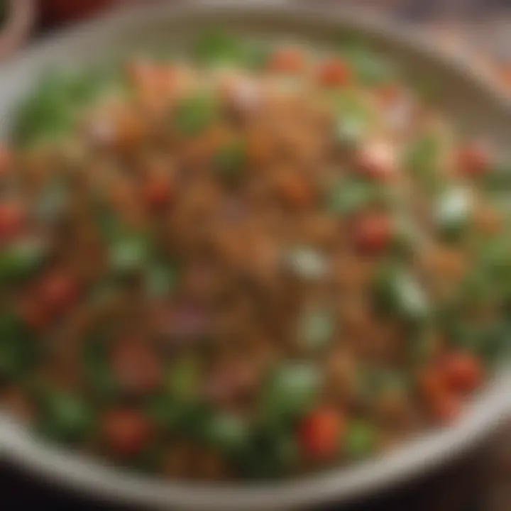 Close-up of a hearty lentil salad with herbs and spices