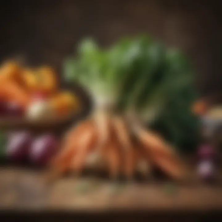 Colorful array of fiber-rich root vegetables on a rustic table