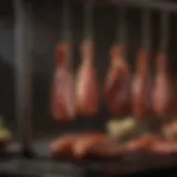 An elegant vertical rotisserie spit showcasing various meats.