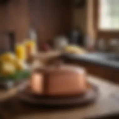 A vintage copper butter dish set on a rustic kitchen table