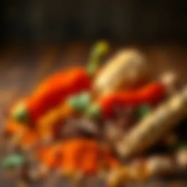 Spices That Define the Chili A vibrant mix of spices arranged on a wooden surface, highlighting flavor components.