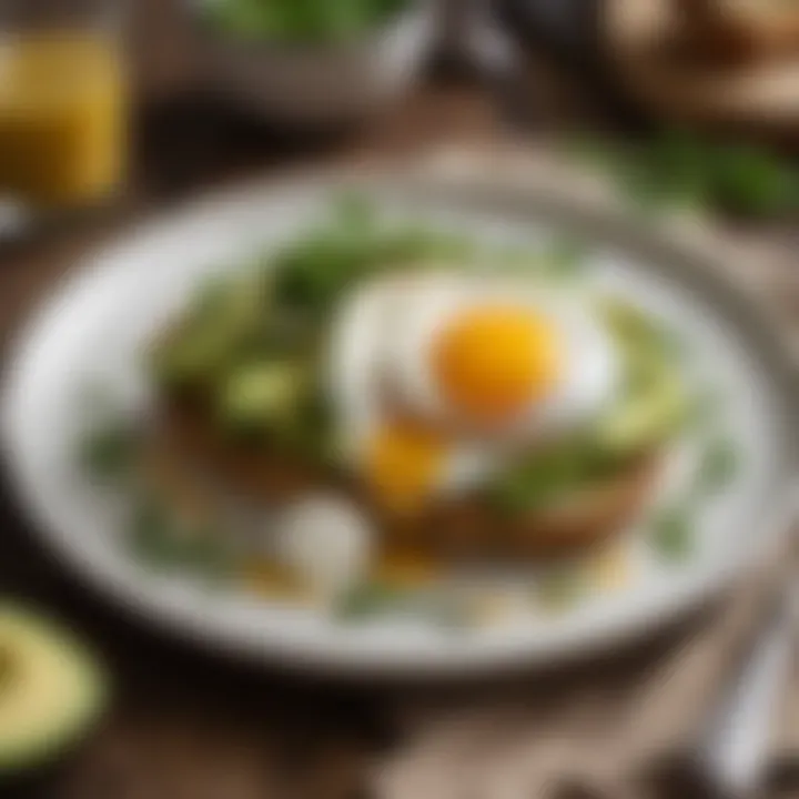 Avocado toast topped with poached egg and herbs on a rustic table