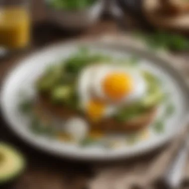 Avocado Toast with Poached Egg Avocado toast topped with poached egg and herbs on a rustic table