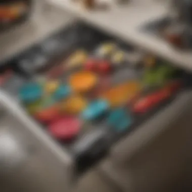 An array of colorful cooking tools organized in a modern kitchen drawer