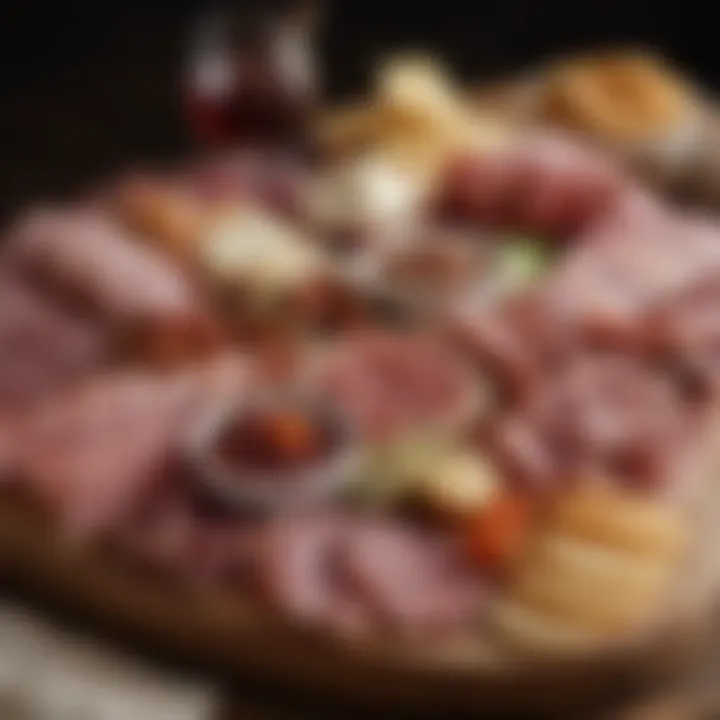 Delicious assortment of meats and accompaniments on a charcuterie board