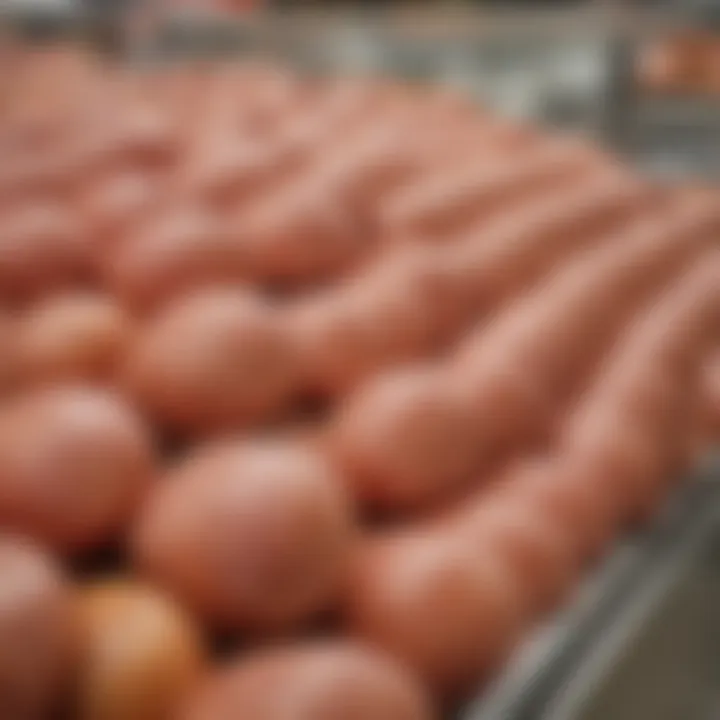 Selection of hams at a bustling supermarket